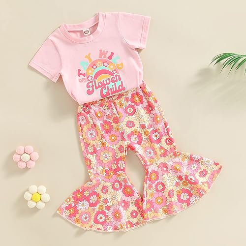 Miniatura 3 de Eadrioss Ropa para bebé niña pequeña, traje de campana de manga corta, camisa de flores para niños, pantalones acampanados, ropa de verano, Rosa#