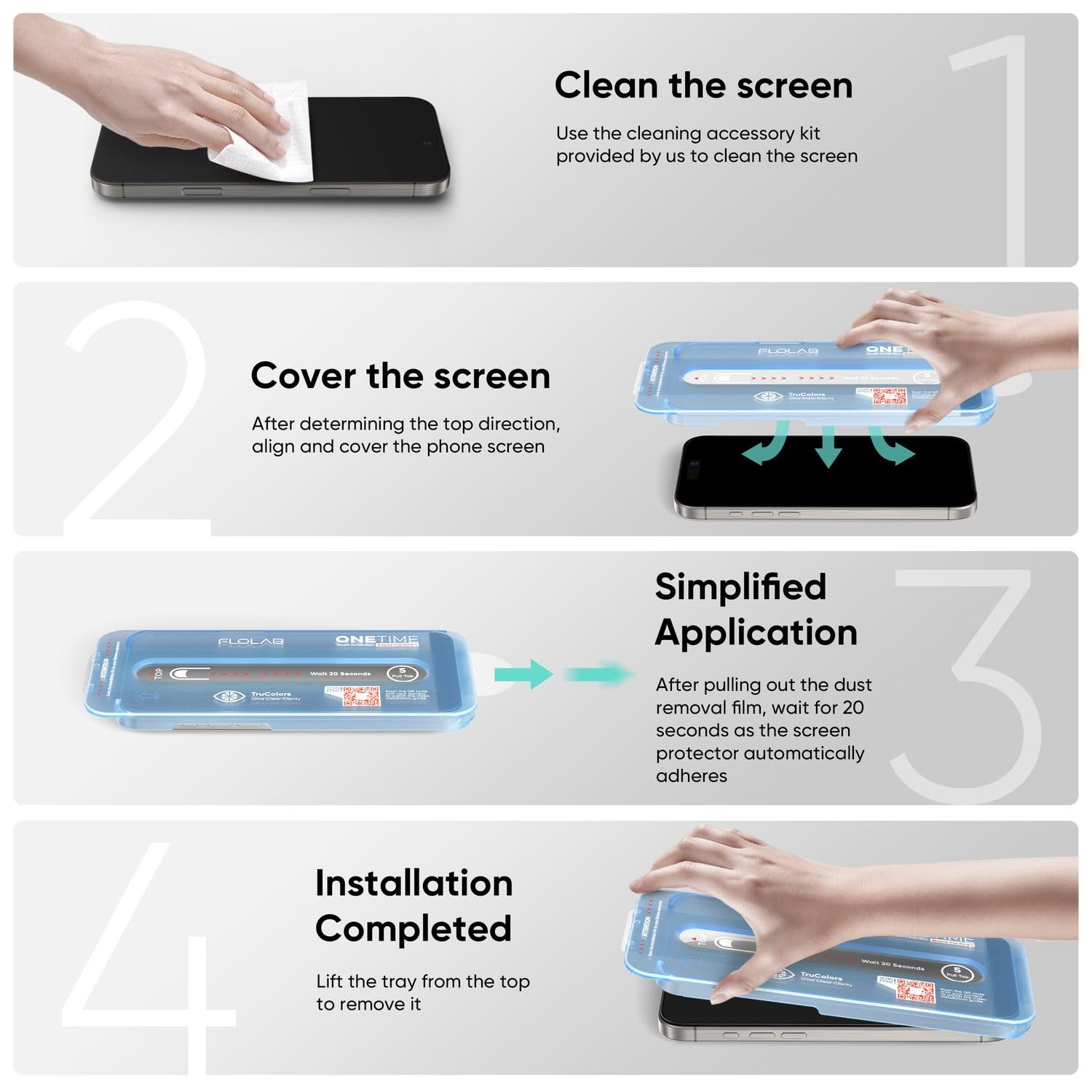 FLOLAB NanoArmour ONETIME MAX - Protector de pantalla para iPhone 16: protector de pantalla transparente antiluz azul, vidrio templado de grado militar, duradero, borde infinito, fácil de instalar,