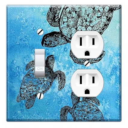 Double Gang-1 Duplex Outlet Cover and 1 Toggle Light Switch Plate/Wall Plate Cover - Ocean Sea Turtles