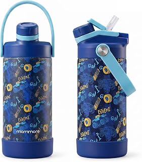 Mommore 12 oz Kids Insulated Water Bottle, 2-in-1 Chug & Straw, | Leakproof & BPA-free, top handle & silicone boot, double-wall insulated for school, sports & travel use