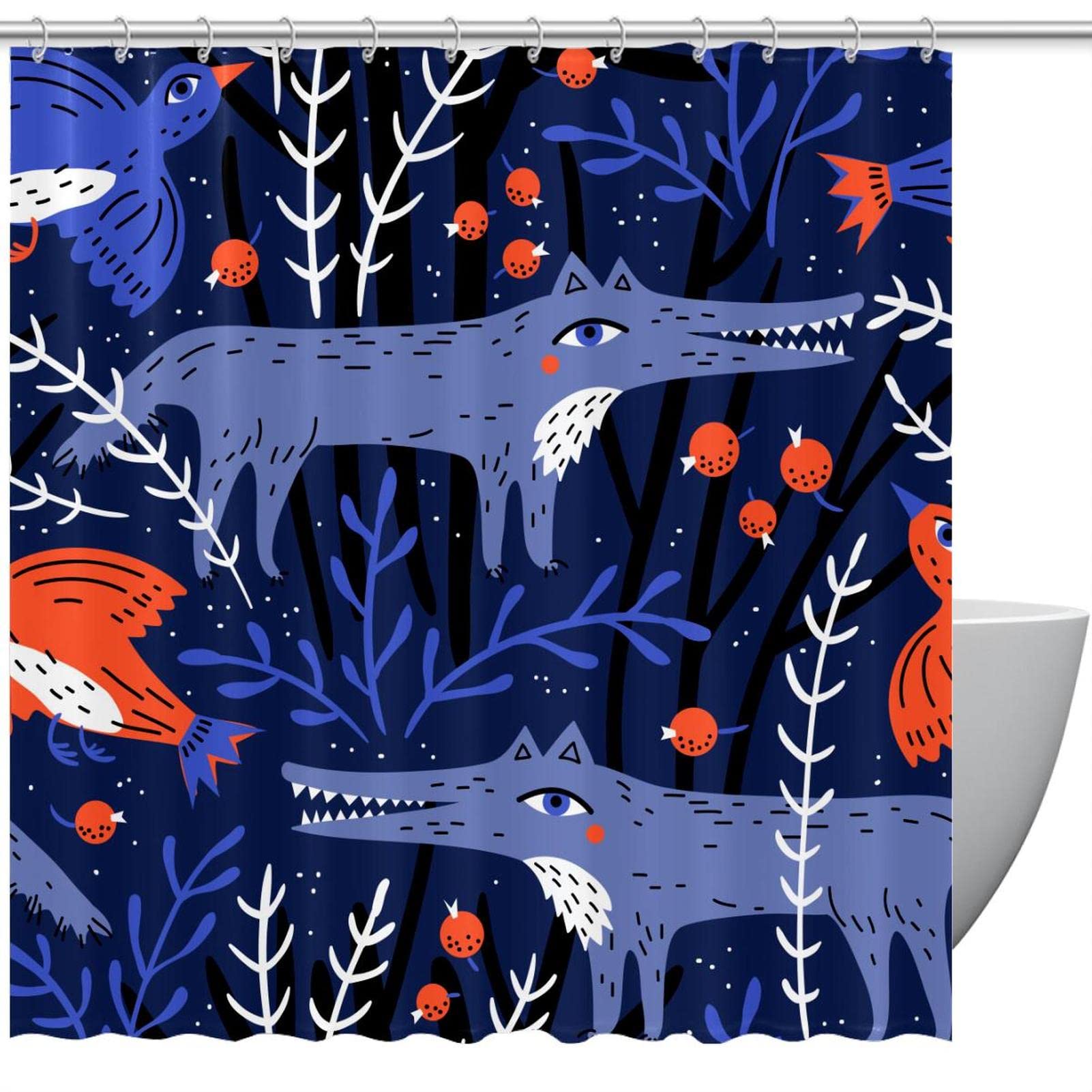 Rideau de douche violet motif loups et oiseau 183 cm pour salle de bain