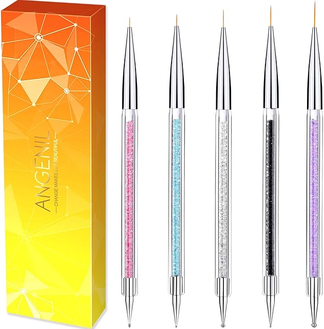 ANGENIL 5pcs Nail Art Liner Brushes, Manicure Drill Drawing Nails Brush Pen, Double Ended Dotting Tools Set, Nail Dotting Painting Drawing Pens