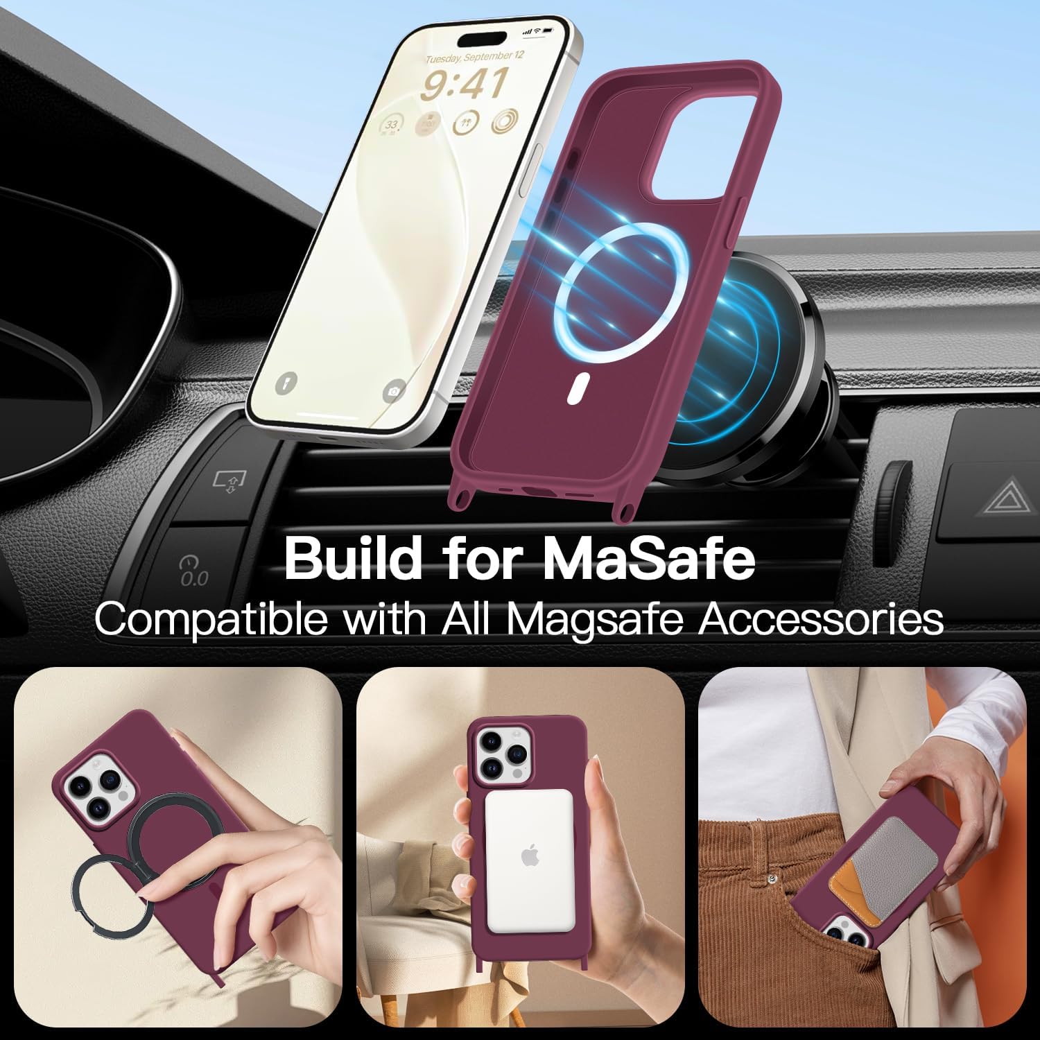 for iPhone 16 Pro Case with Lanyard [Compatible with MagSafe], Crossbody Phone Case with Neck Strap Adjustable, Magnetic Phone Cover for iPhone 16 Pro 6.3'' Wine Red image 4