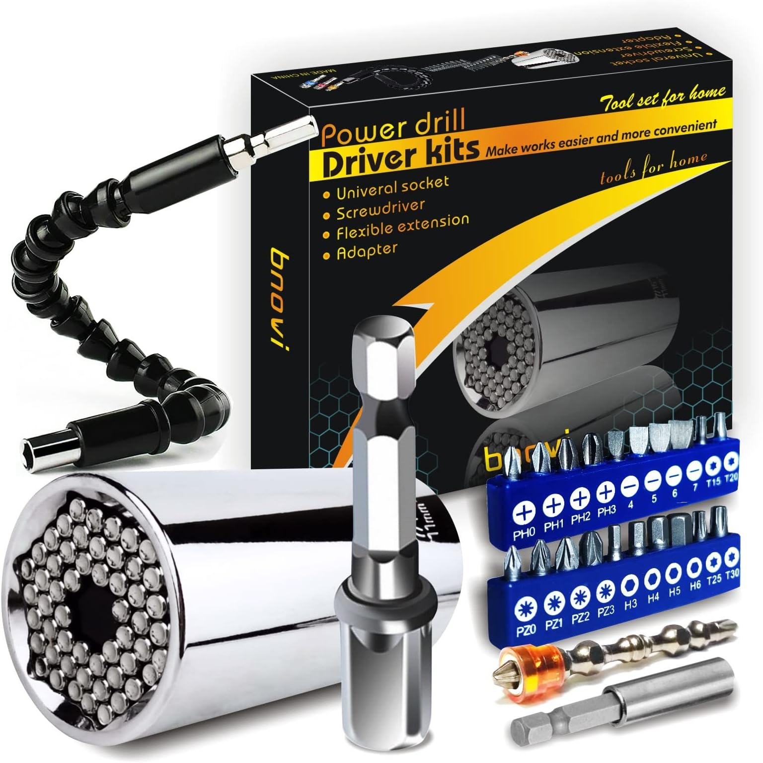 Home DIY Tools Set Universal Socket Wrench Auto Adjustable Size Strong Magnetic Screwdriver and Bendable Extension Cable for Corner Stocking stuffers Presents Gifts for man Christmas