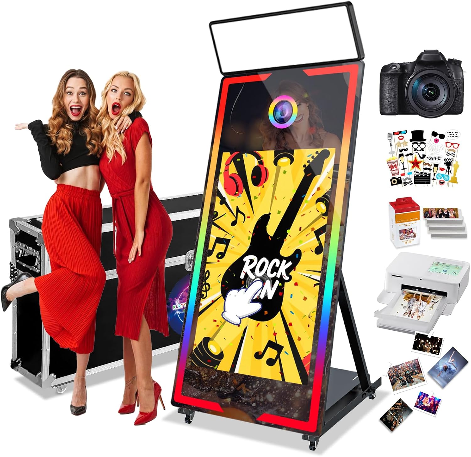 Magic Mirror Photo Booth with Camera and Printer, 65-43in Interactive Touch Screen Mirror Photo Booth with Flight Case RGB Light Square Light Instant Print and Share for Parties Wedding Christmas