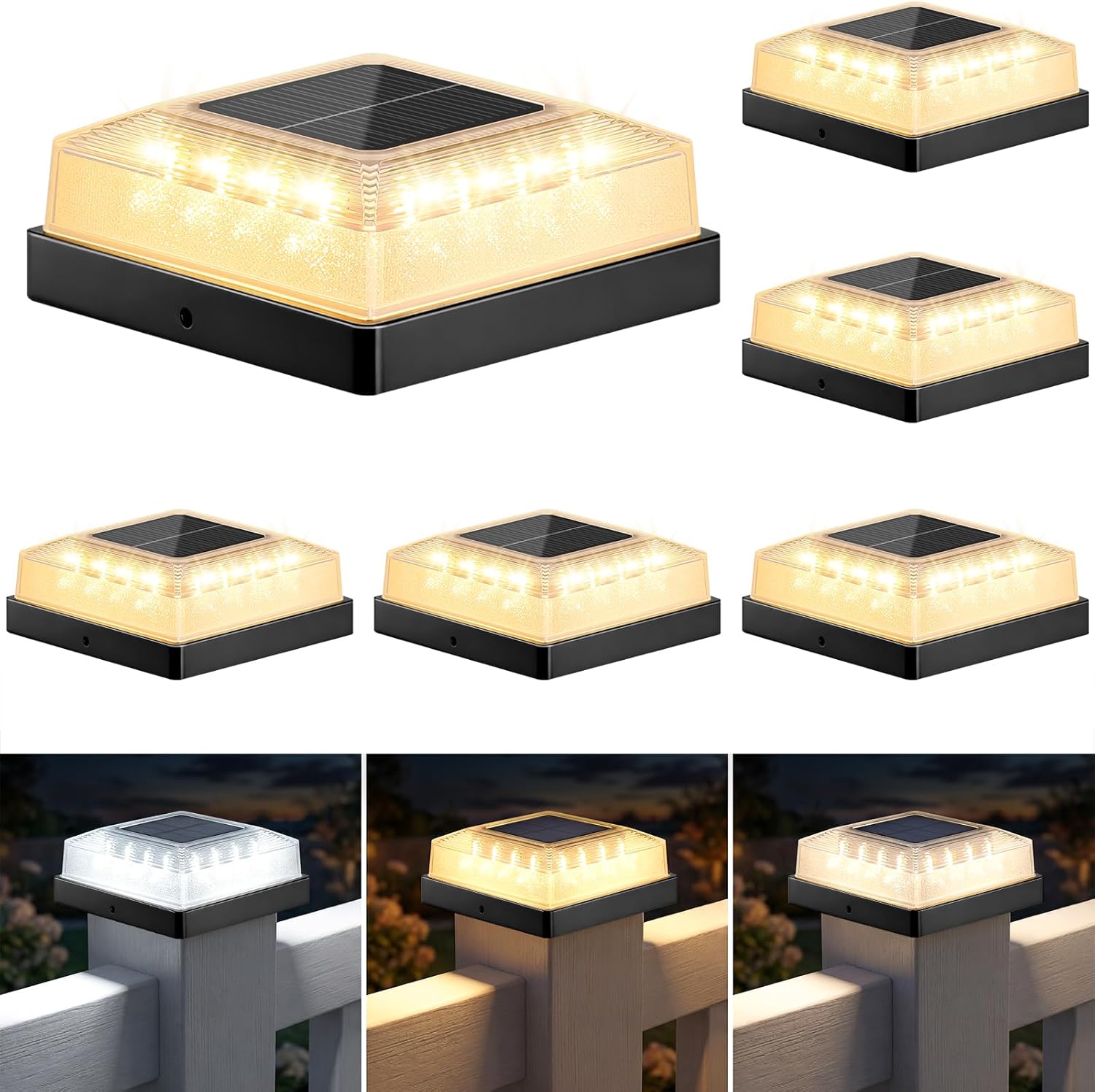 Brightever Solar Post Cap Lights Outdoor 6-Pack, Solar Fence Post Lights with 3 Lighting Modes, Fits 4x4 Vinyl/Wood Posts, Black Solar Powered Waterproof Deck Post Lights for Garden Patio Porch