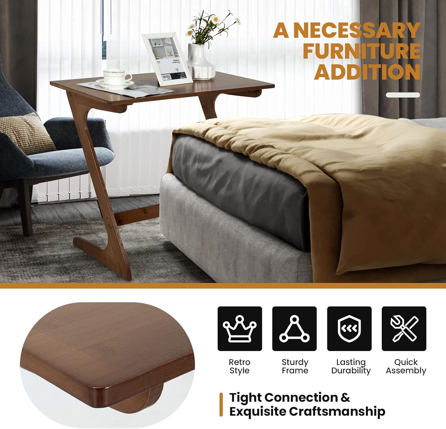Tangkula Bamboo TV Tray Sofa Side Table, Z-Shaped Couch Table with 30” x 16” Tabletop, Space-Saving Snack Laptop Desk, Quick Assembly, End Table for Home, Office, Library (1, Brown)
