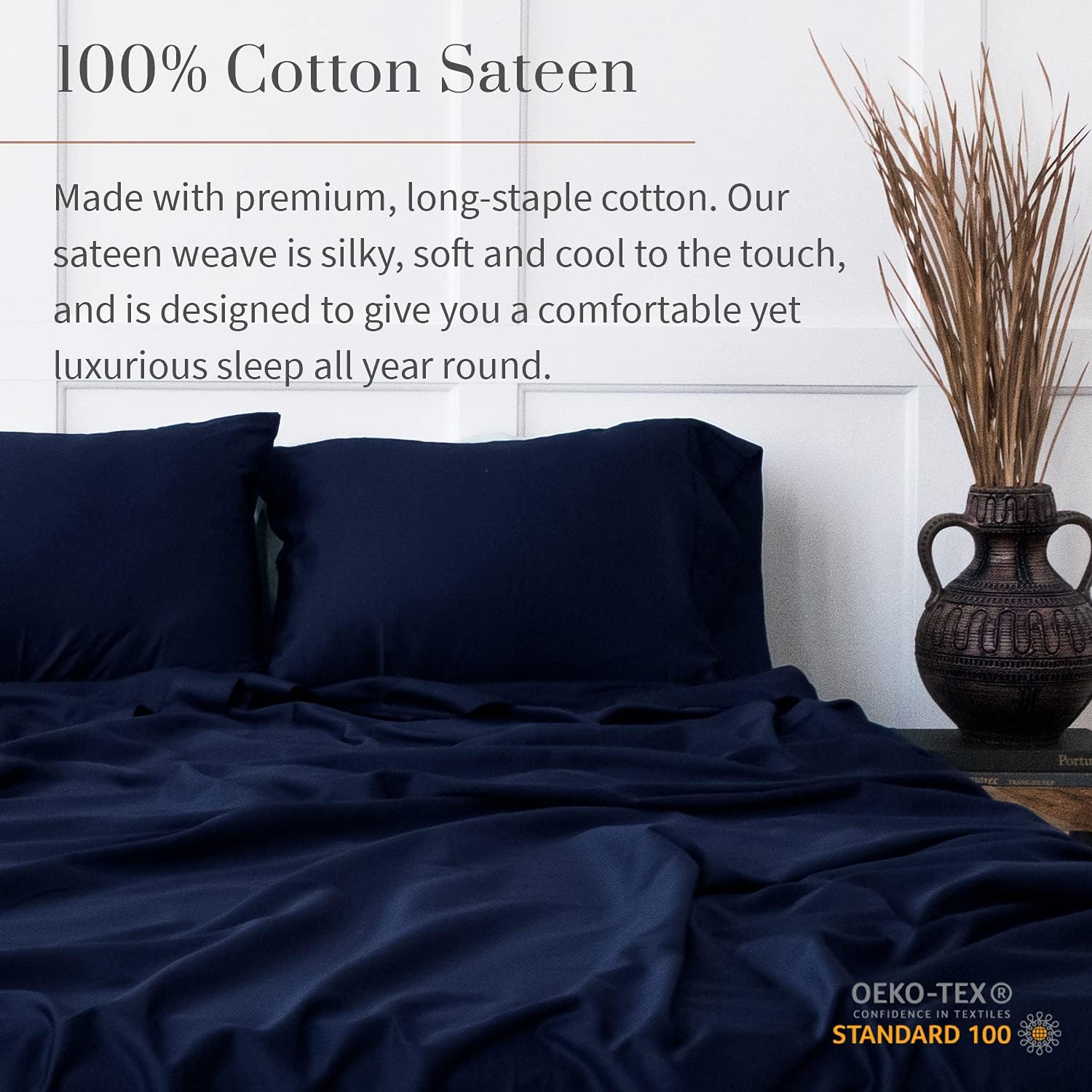 Everspread 300 Thread Count Cotton Bed Sheets (4 Piece Sheet Set) - Queen Size, Navy Blue. 100% Natural Long Staple Cotton Bedding, Ultra-Soft & Silky Sateen Weave. Fits Mattress up to 16 inches