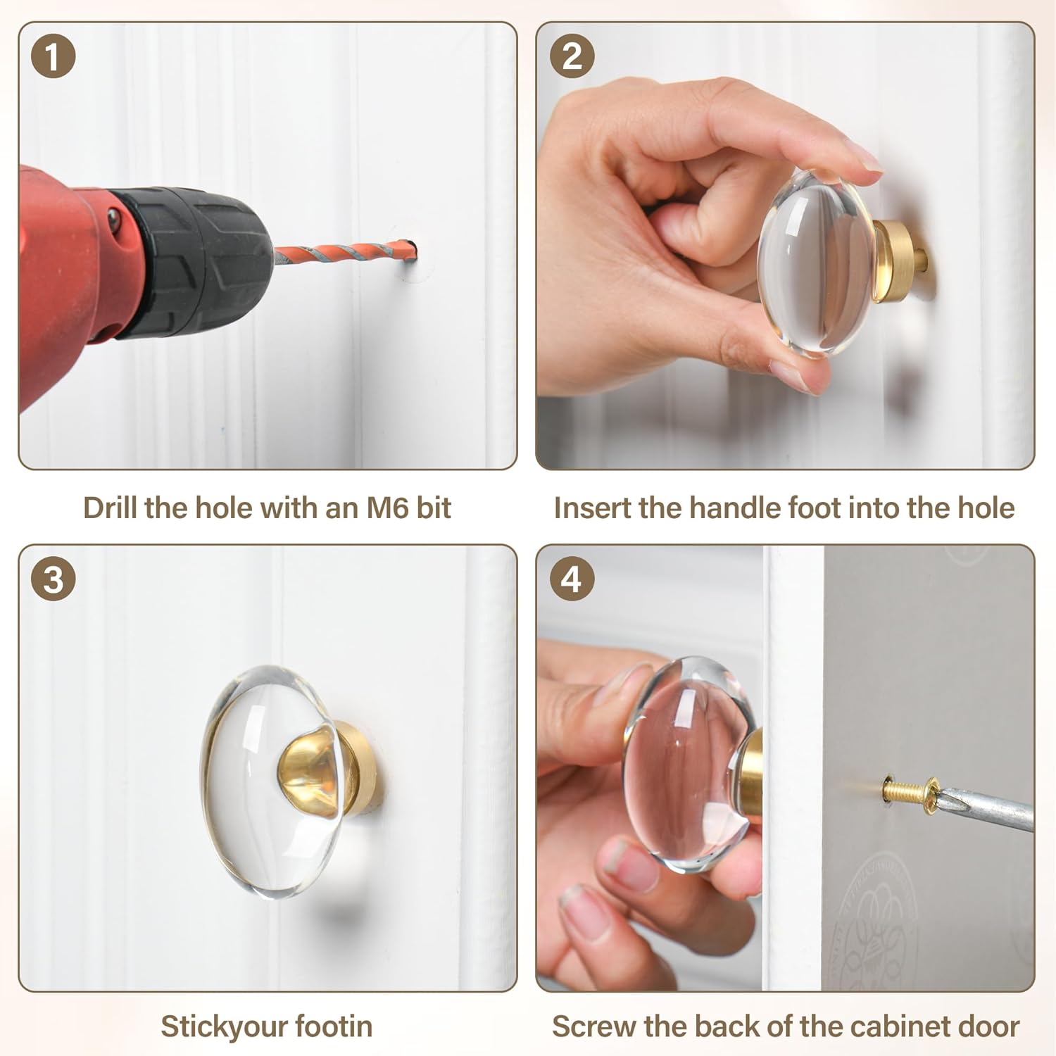 Jovenille-Solid Brass Crystal Glass Kitchen Cabinet Knobs 5 Pack, Oval Shape Glass Brushed Gold Drawer Dresser Knobs,Decorative Cupboard Wardrobe Pulls, Modern Cabinet Hardware for Bathroom
