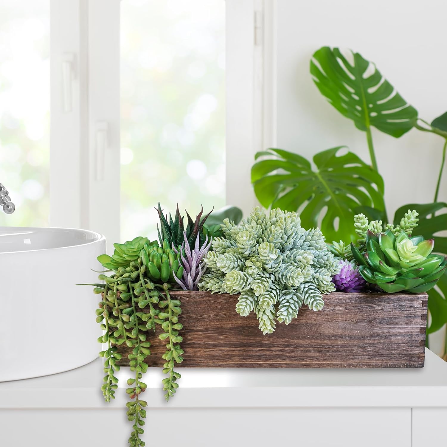 Winlyn 15" Assorted Artificial Succulent Arrangement Assorted Succulents in Rectangular Wooden Planter Faux Potted Plant for Farmhouse Table Centerpiece Windowsill Shelf Desk Mantel Greenery Décor - Image 5