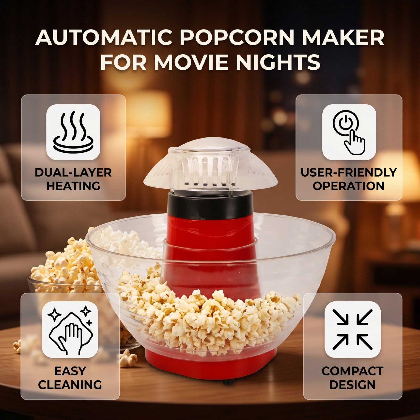 Luocute Máquina para Hacer Palomitas, Palomitera de Aire Caliente sin Aceite con Diseño Compacto para Aperitivos, for Noches de Cine, Fiestas Familiares, Hogar