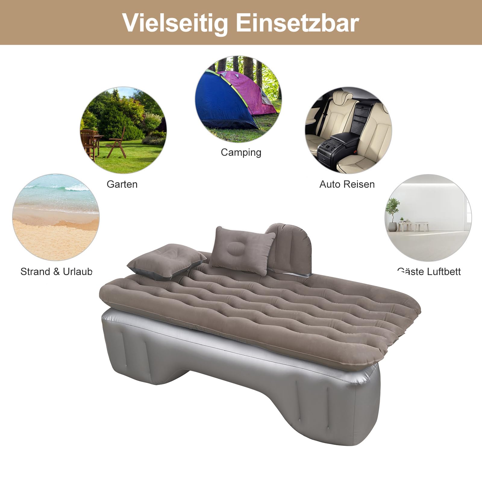 Auto Luftmatratze 128x70cm Aufblasbare Matratze für Rücksitz & Kofferraum, Tragbares Auto Reisebett inkl. 2 Kissen, Dickere Kofferraum-Matratze für Camping, Reisen und Outdoor Grau