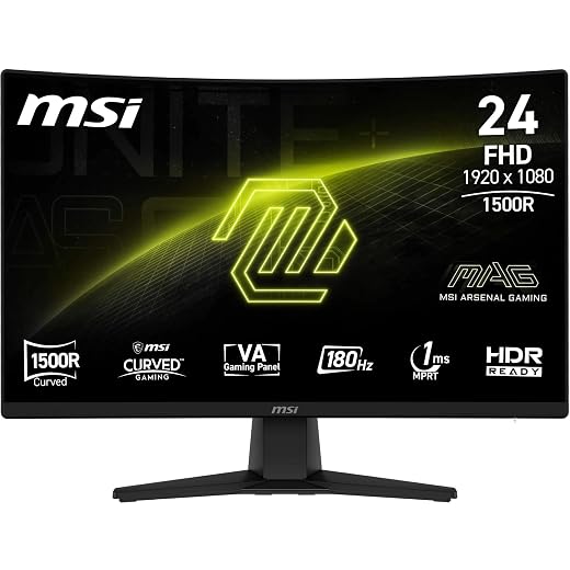 MSI MAG 242CA 24" FHD 1500R Gaming Monitor, 1920 x 1080VA, 180Hz, 1ms, HDR Support, Eye Protection, HDMI 2.0b, DP 1.2a, Frameless, Adjustable Tilt, VESA Mount, Black