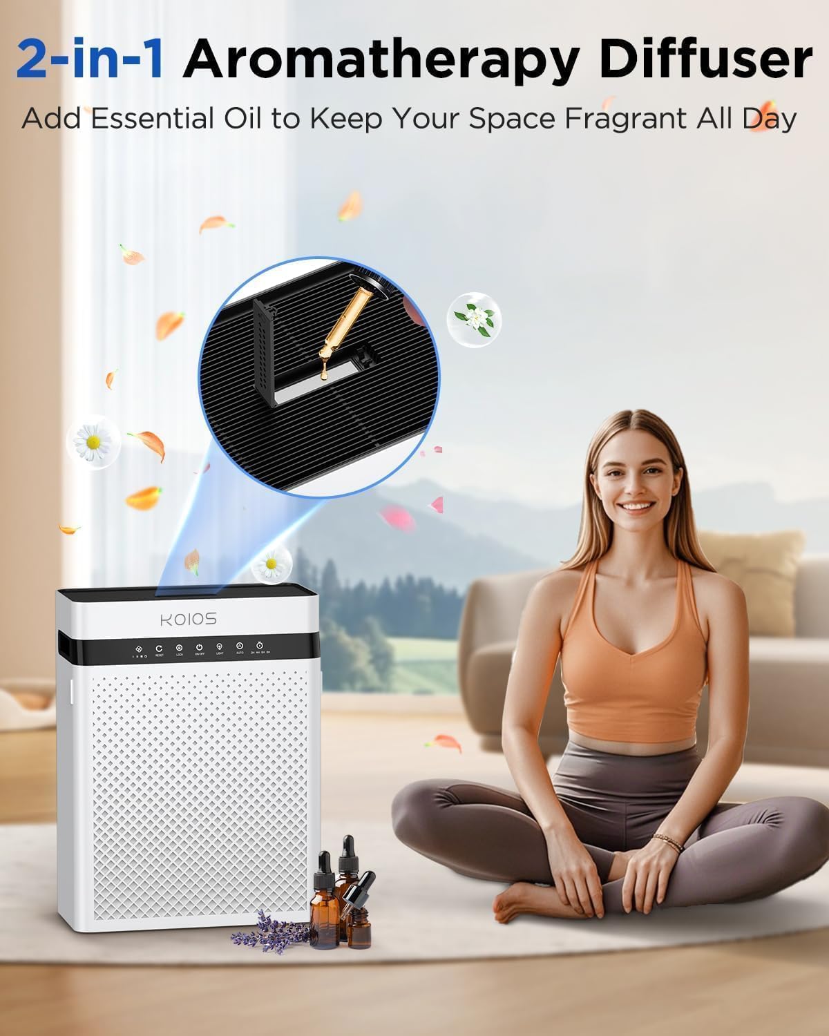 KOIOS Air Purifiers for Home Large Room up to 2400sq.ft, Air Purifier for Home Pets with Washable HEPA Filter, Air Quality Sensor & Aromatherapy, Air Cleaner for Bedroom, Dorm, Office K03