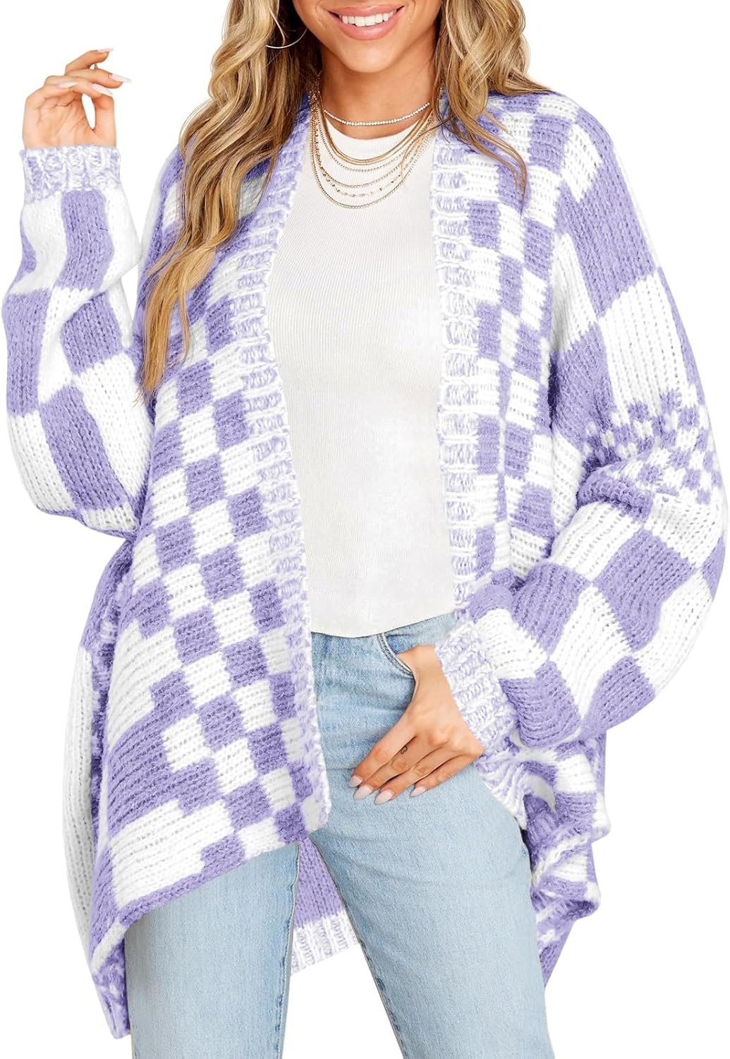 Saodimallsu Womens Checkered Sweater Color Block Plaid Cardigans Oversized Long Sleeve Knit Open Front Coats