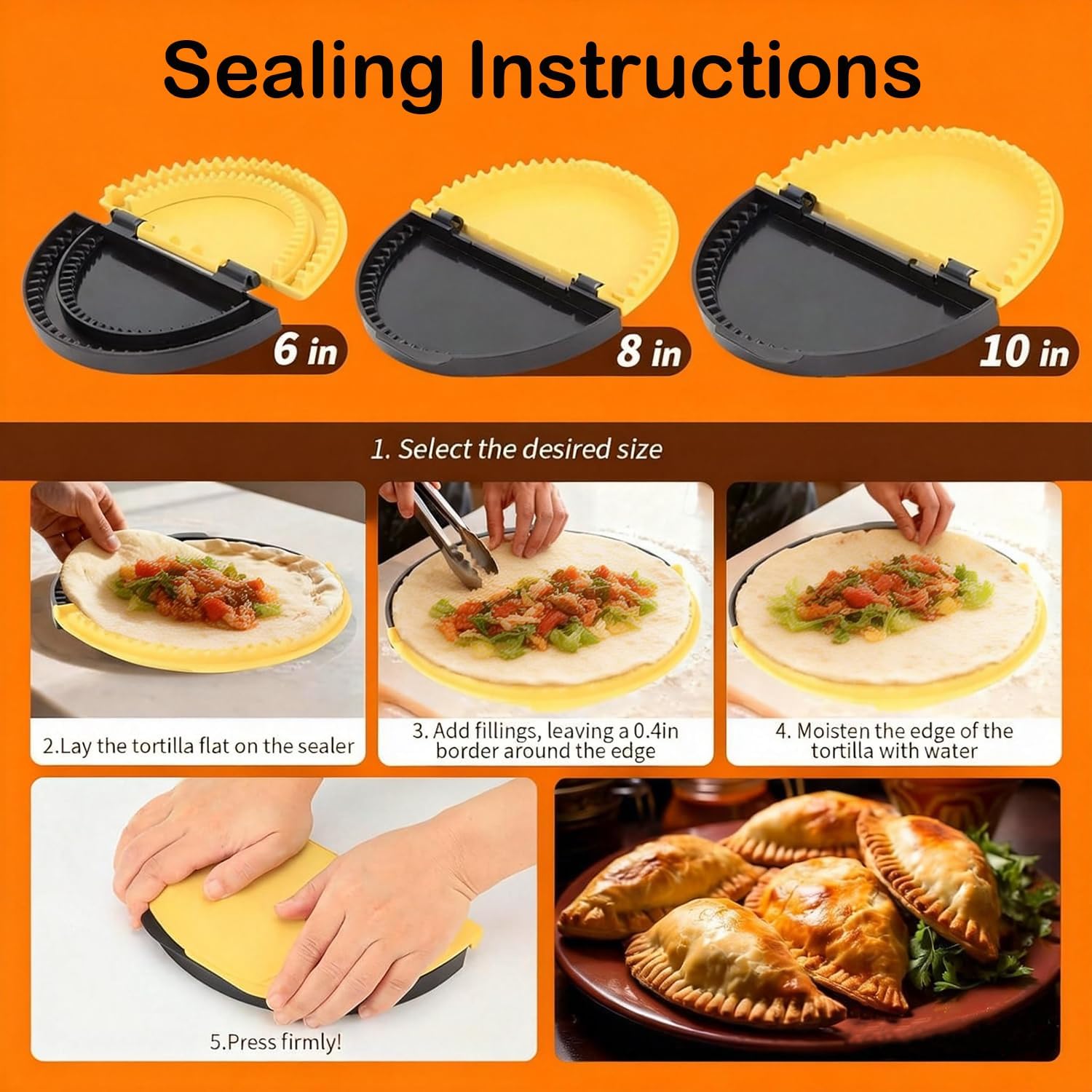 3-in-1 Tortilla Sealer & Crimper, Multifunctional Empanada Maker Press, Adjustable Size for 6" 8" 10" Crust, BPA-Free Tortilla Press for Tacos, Burritos, Sandwiches, Pies & Pastries
