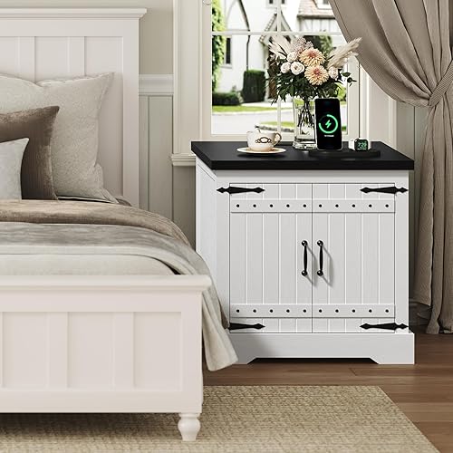 Miniatura 5 de Mesa auxiliar de granja con estación de carga, mesa auxiliar grande de sofá de 24 pulgadas, puerta de granero y estante de almacenamiento ajustable,