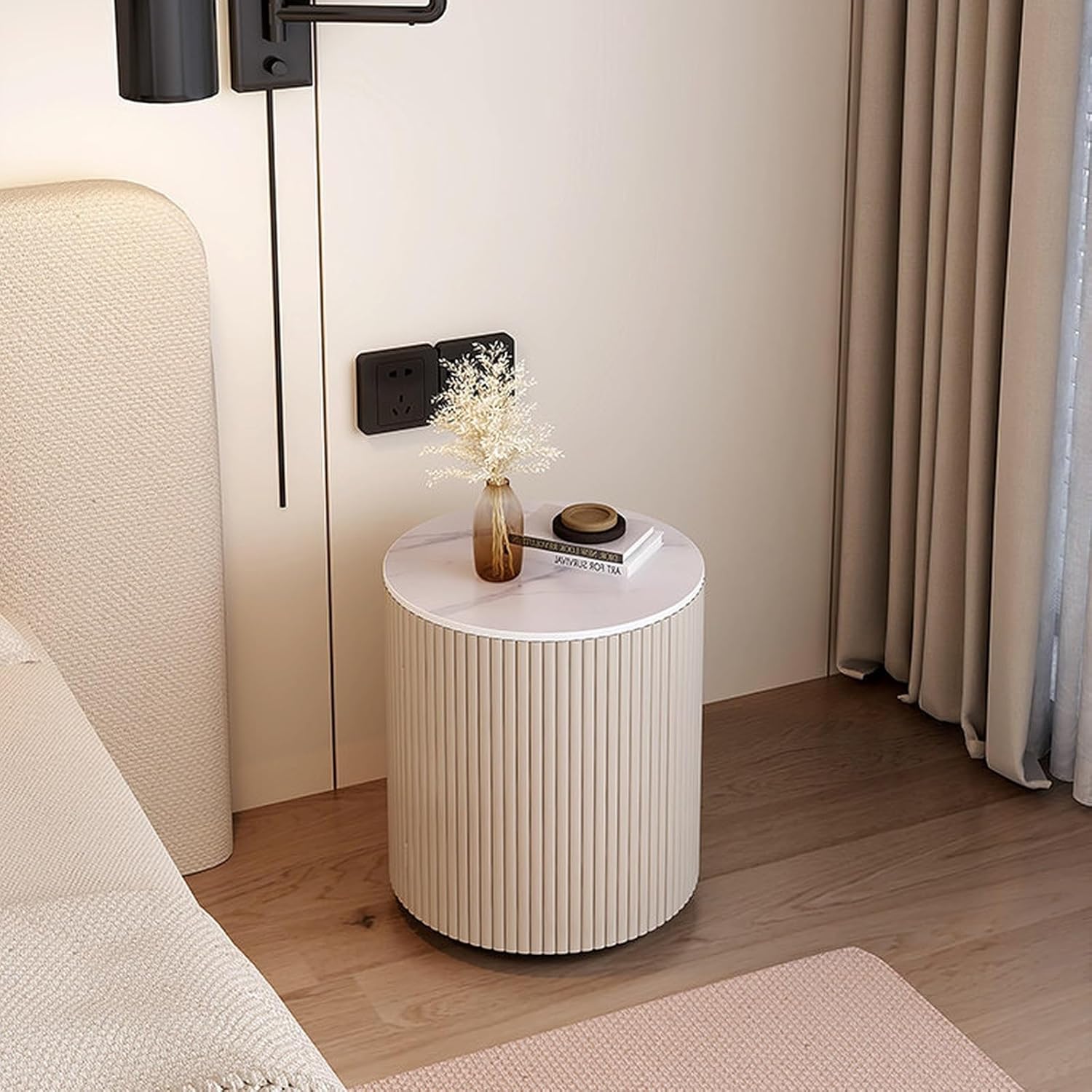 Bed Side Table Nightstand Cylindrical Body Stone Top Cabinet Interior Two Layers for Bedroom Night Stand(White)