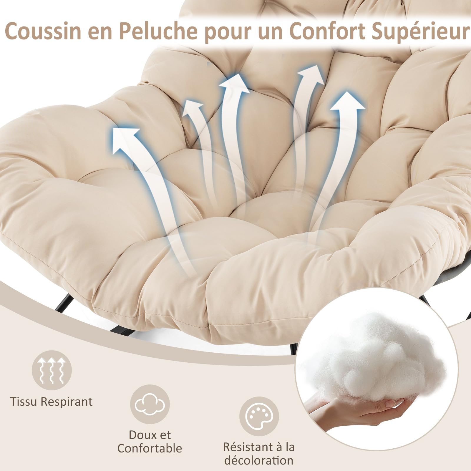 COSTWAY Fauteuil a Bascule d'Intérieur et d'Extérieur, Chaise Papasan Surdimensionnée avec Coussin Rembourré, Cadre en Métal, Fauteuil Œuf pour Salon, Patio, Capacité 205 kg (Beige)
