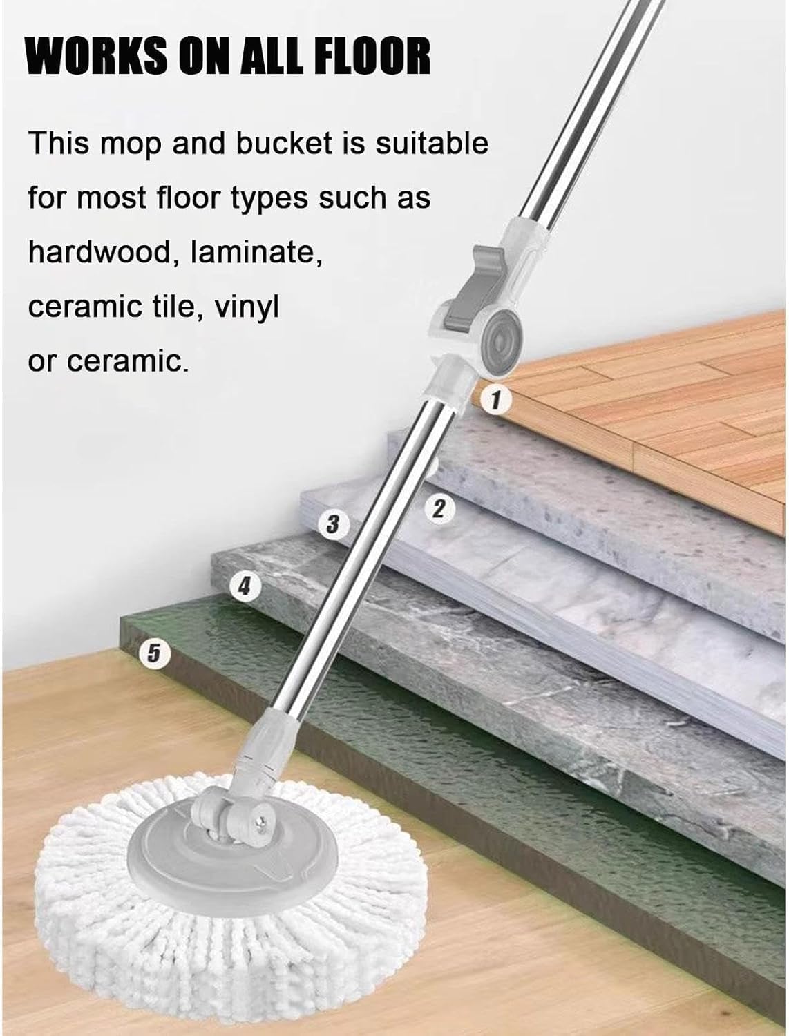 Spin Mop System with Bucket & Wringer | 5 Reusable Microfiber Heads | Ideal for Wet/Dry Floor Cleaning | Perfect for Hardwood & All Floor Types
