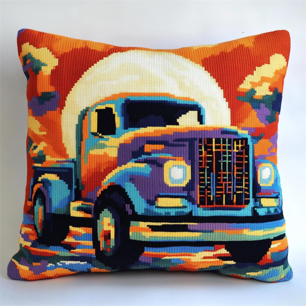 Henypt 9CT Cross Stitch Cushion Kits Colorful Cars DIY Cushion Embroidery Kit Needlepoint Handmade Needlework Cushions Kits Stitched Pillow Cover Set for Adults Beginners 50x50cm