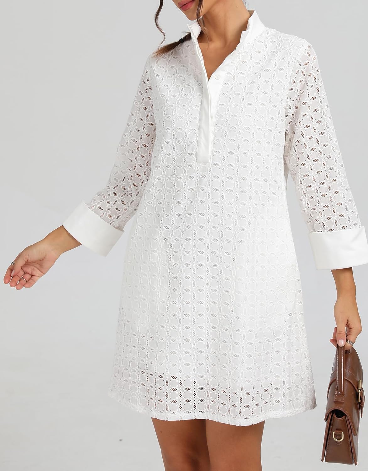 Kedera Women's Summer Long Sleeve Mini Dress V Neck Hollow Out Eyelet Shift A Line Swing Short Party Dresses - Image 6