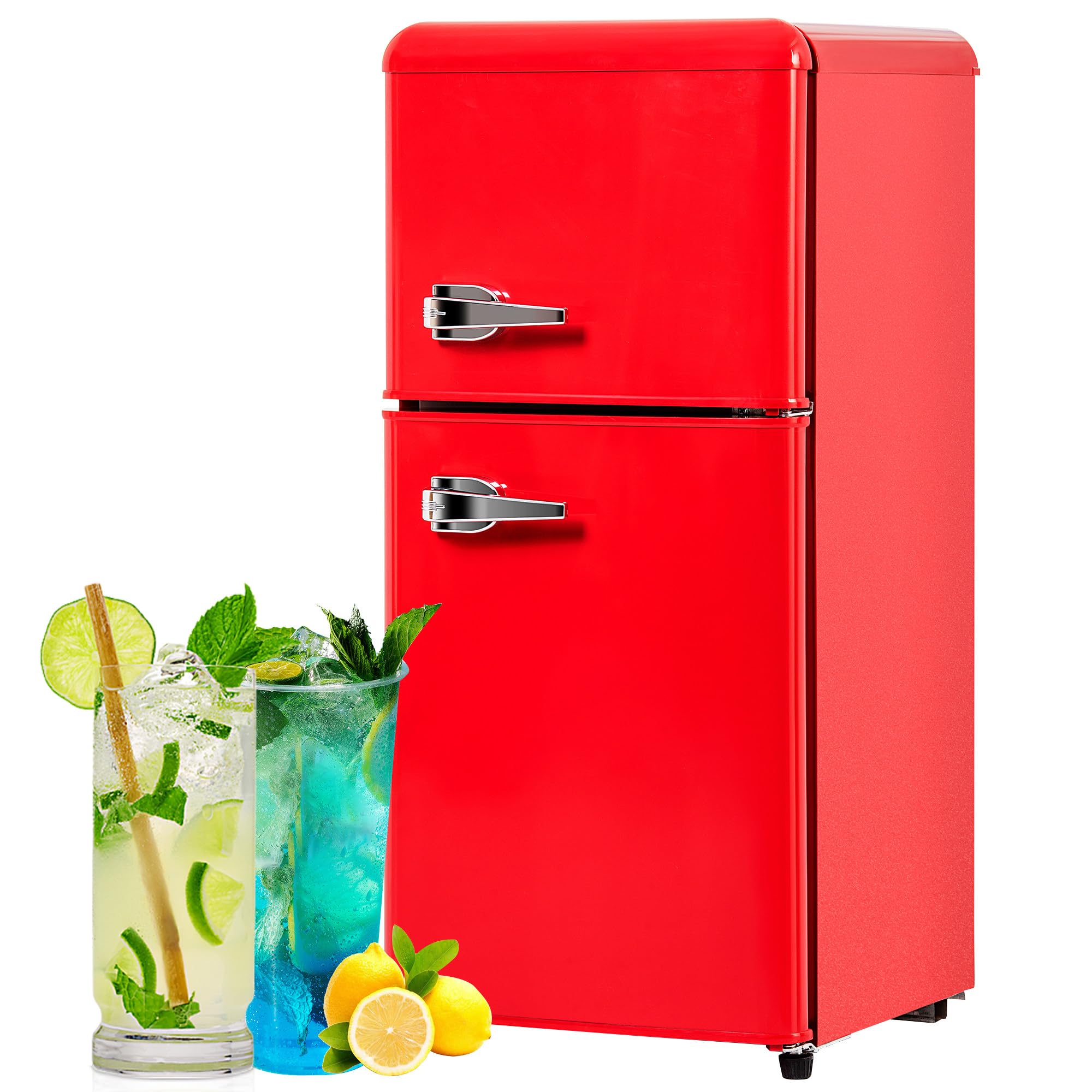 Mini Nevera Retro Mini Nevera De 60 L con Iluminación Interior LED para Habitaciones, Nevera para Bebidas De Dos Puertas Pequeña con Estantes Ajustables, Nevera Interior/Exterior Silenciosa,Red