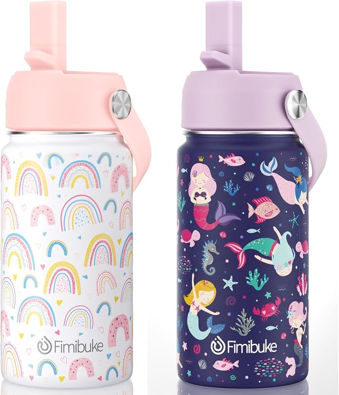 Fimibuke Botella de agua aislada para niños de 14 oz, vasos para niños de acero inoxidable 18/8 | Vaso de viaje a prueba de fugas con aislamiento al vacío de doble pared libre de BPA con botella de agua de metal con pajita para niños y niñas escolares