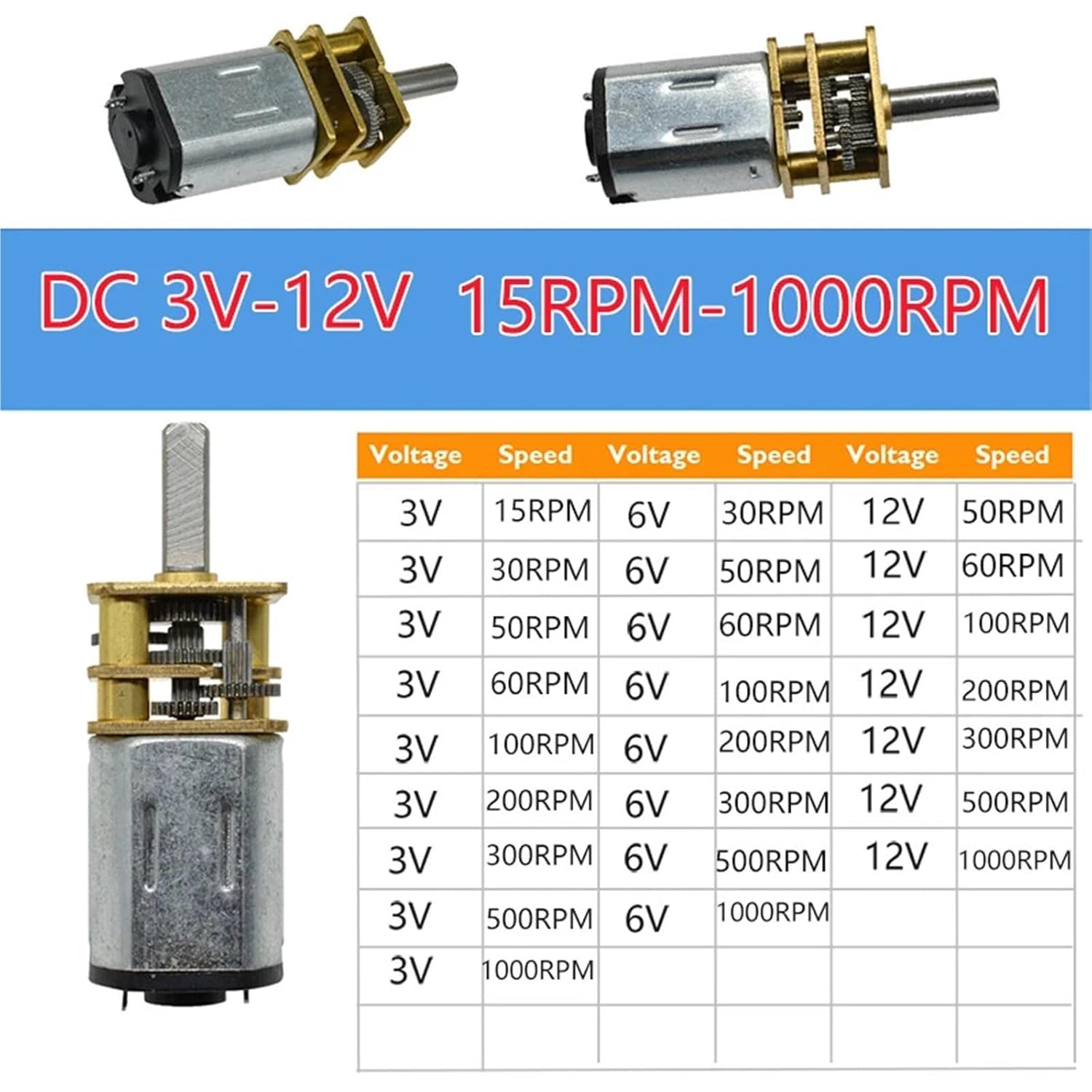 1pc DC3V/6V/12V Mini Micro N20 Speed Reduction Metal Gear Motor DIY Robot Car Electric Lock 15/30/50/60/100/200/300/500/1000RPM(100,3V)