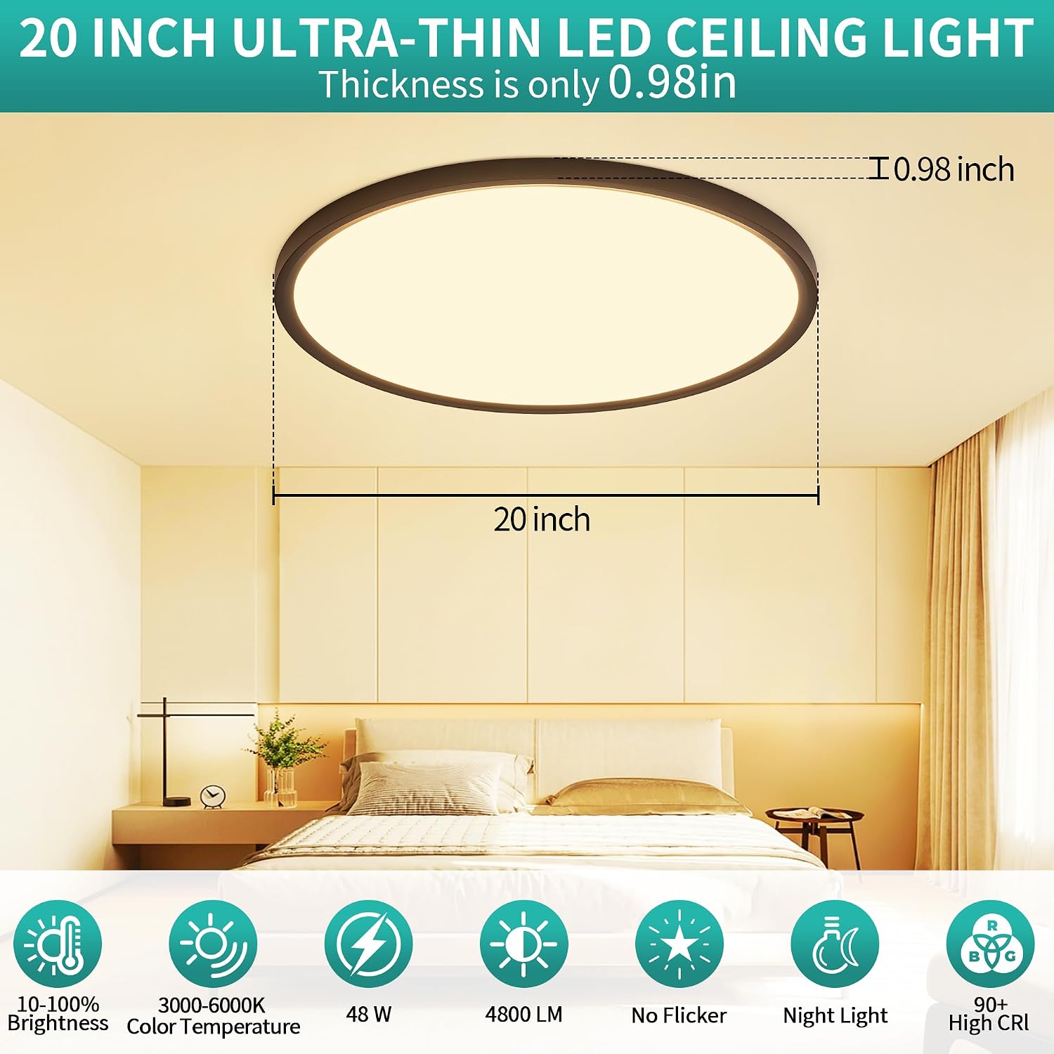 20 Inch LED Flush Mount Ceiling Light,48W Ultra-Thin Modern Round Light Fixture with Remote,Dimmable 3000K-6000K,Black,4800LM,Night Light Mode for Bedroom, Kitchen,Living Room