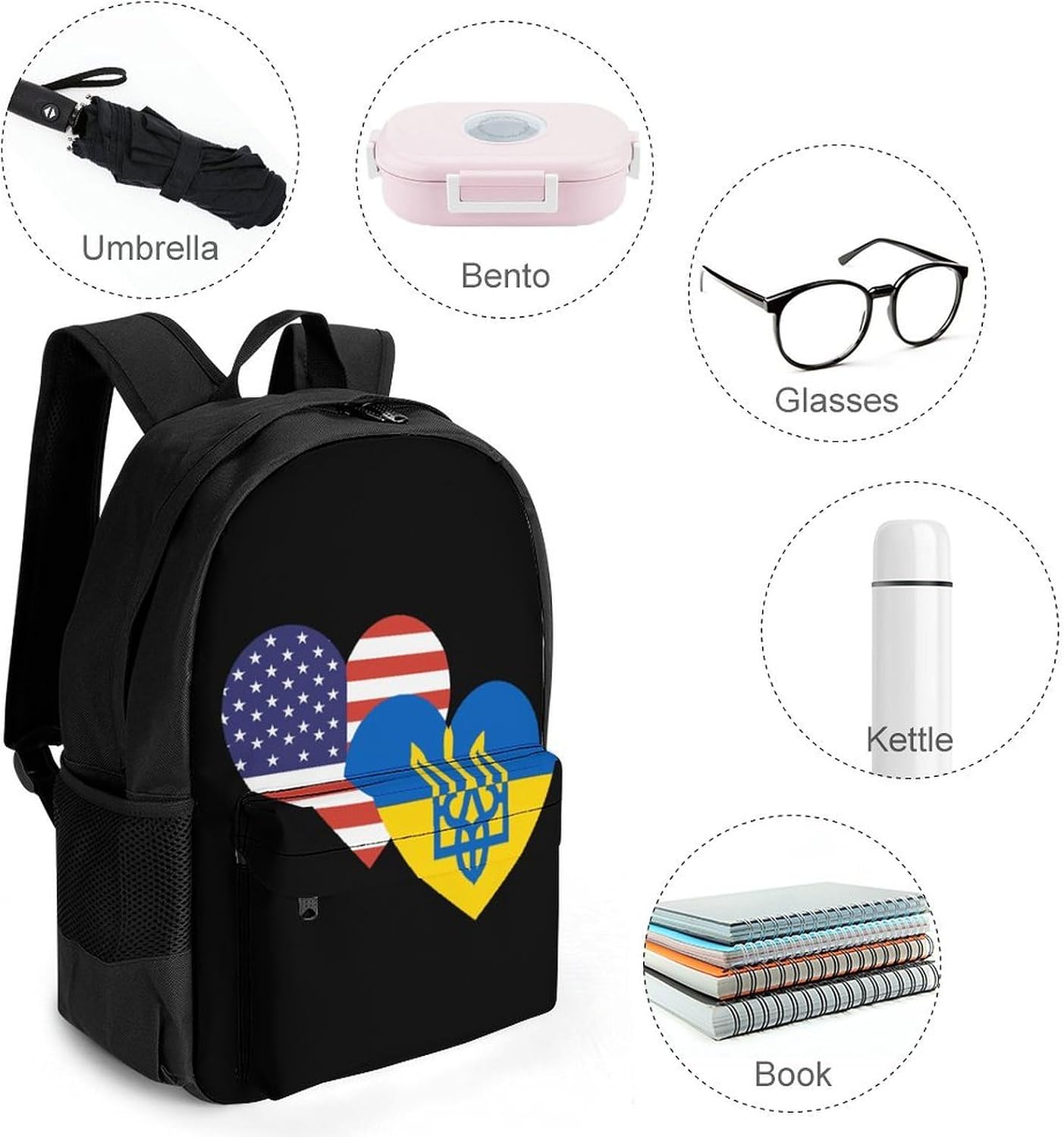 Ukrainian & US Flag Heart Funny Backpack Lightweight Printed Daypacks image 4