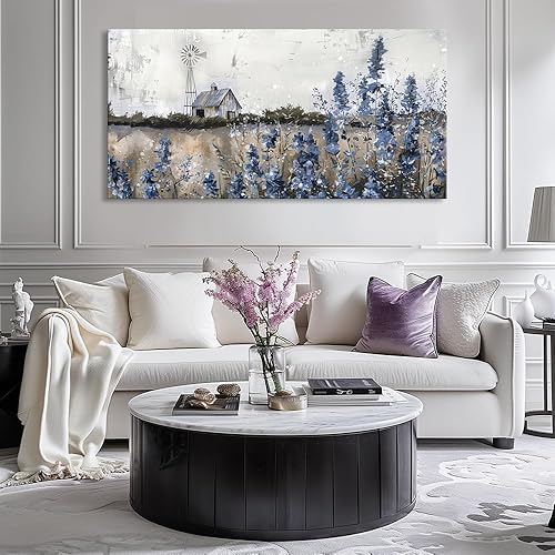 Miniatura 6 de Arte de pared vintage de granja, impresión en lienzo retro campo, campo de flores, naturaleza, prado, paisaje, molino de viento rústico, granero,