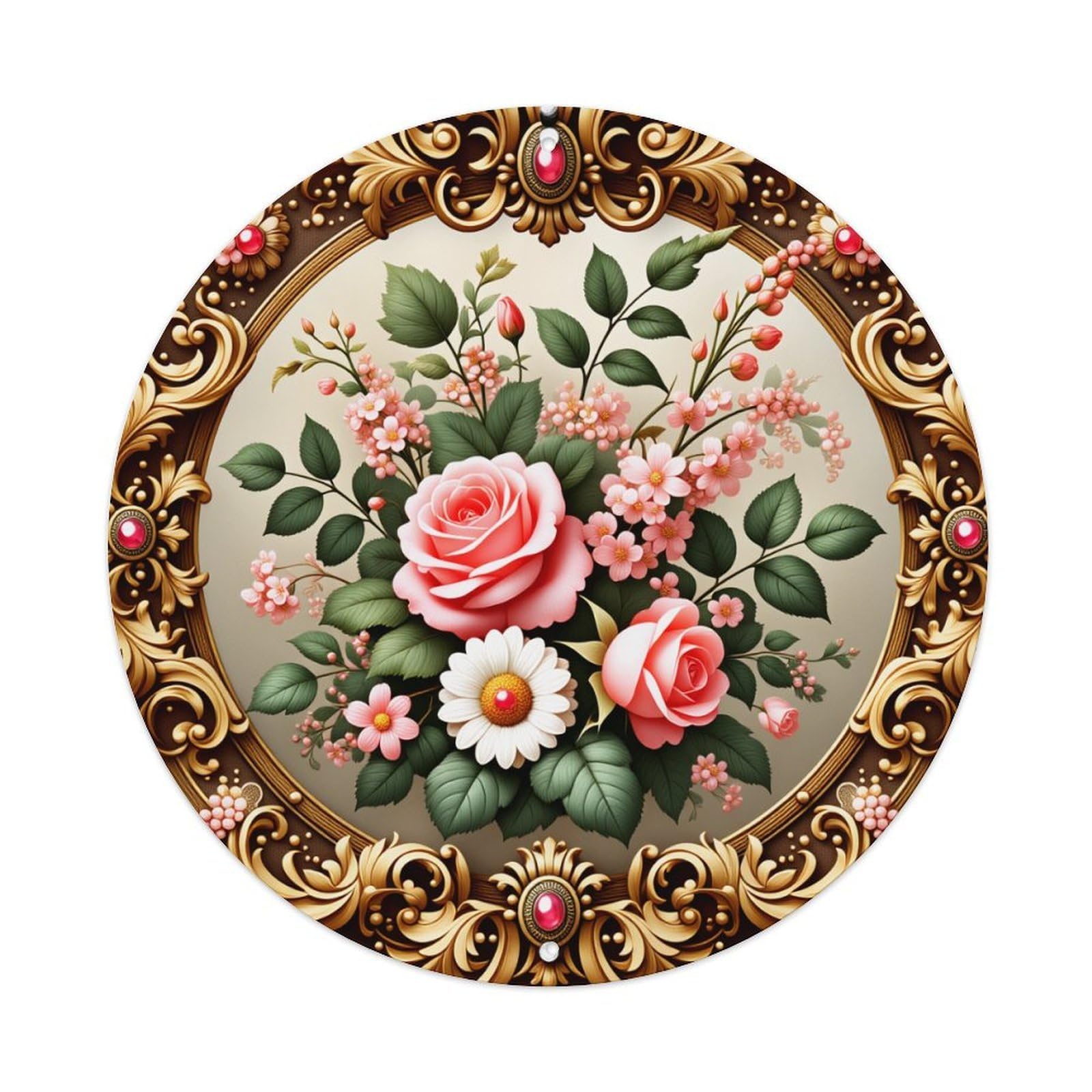 Floral Rose Daisy Pattern Ornate Design Round Vintage Tin Sign,Retro Wall Art,Metal Poster for Home, Bar, Garage, Cafe, Rustic Indoor & Outdoor Decor, 8x8 Inches