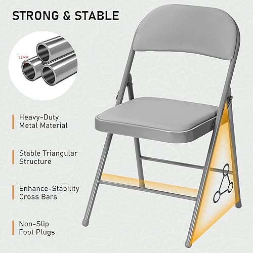 Miniatura 4 de SEALAMB Paquete de 4 sillas plegables grises con asientos acolchados y cojín, sillas plegables de metal duradero para bodas, sillas comerciales para
