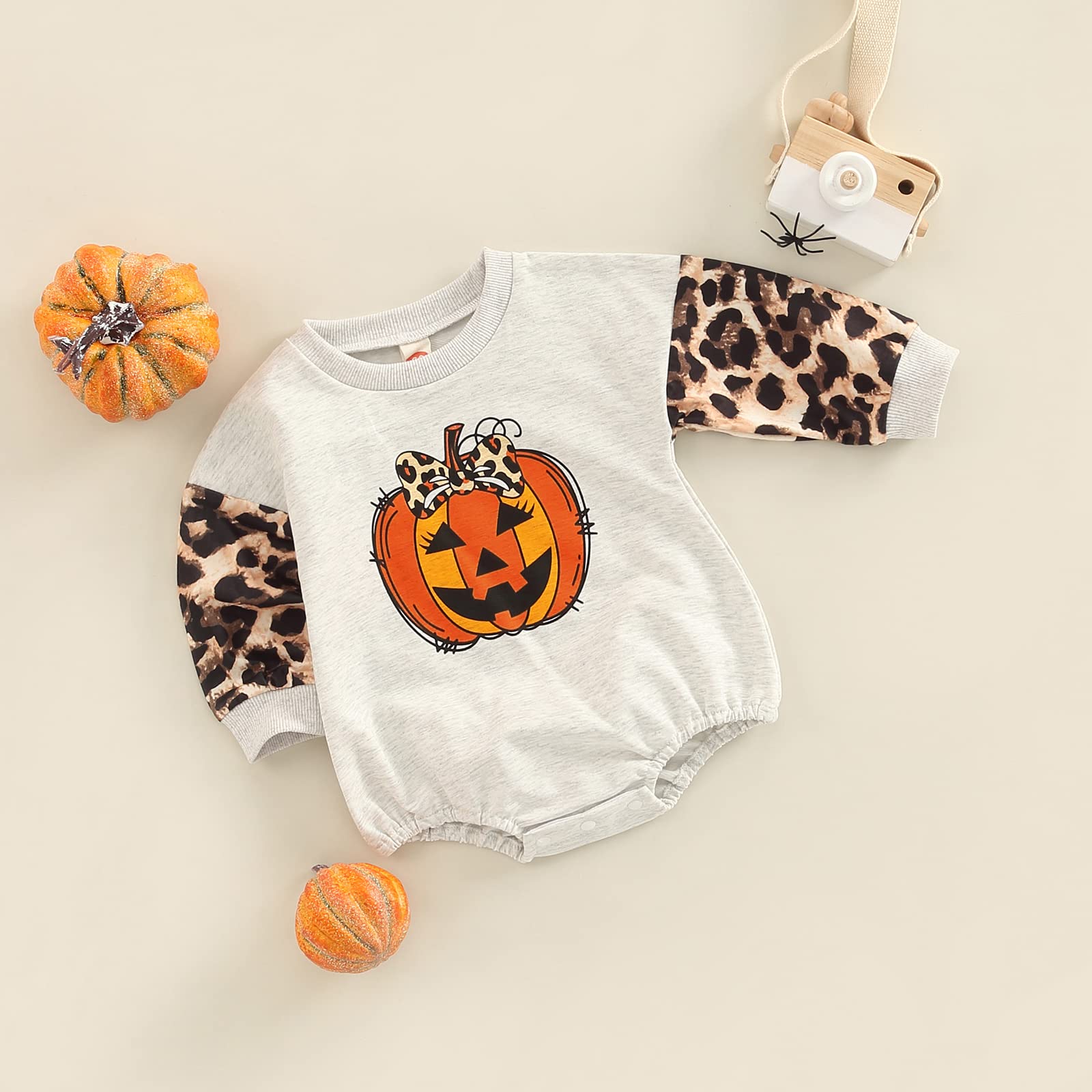 Baby Girl Boy Halloween Outfit Crewneck Sweatshirt Romper Color Block Sleeve Pumpkin Oversized Sweater Top Fall Clothes (Leopard Pumpkin-Gray,0-3 Months)