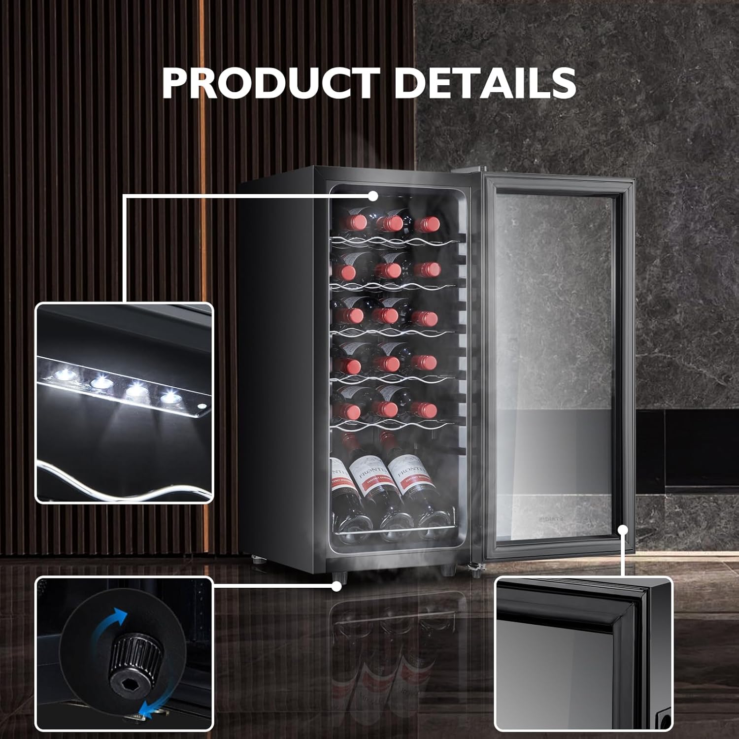 Detailed view of the STAIGIS wine cooler showing interior LED lights, adjustable foot, and recessed door handle.