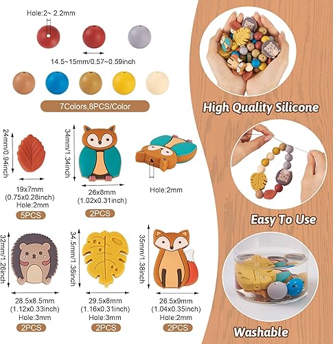 Miniatura 3 de Beadthoven - Cuentas de silicona de 0.59 pulgadas (0.591 in) con diseño de animales del bosque otoñal, cuentas focales rústicas para Acción de