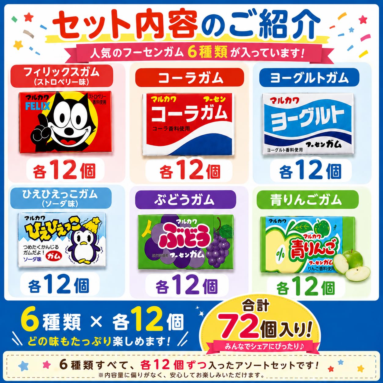 Amazon.co.jp: マルカワ フーセン ガム 6種各12個計72個 フィリックス