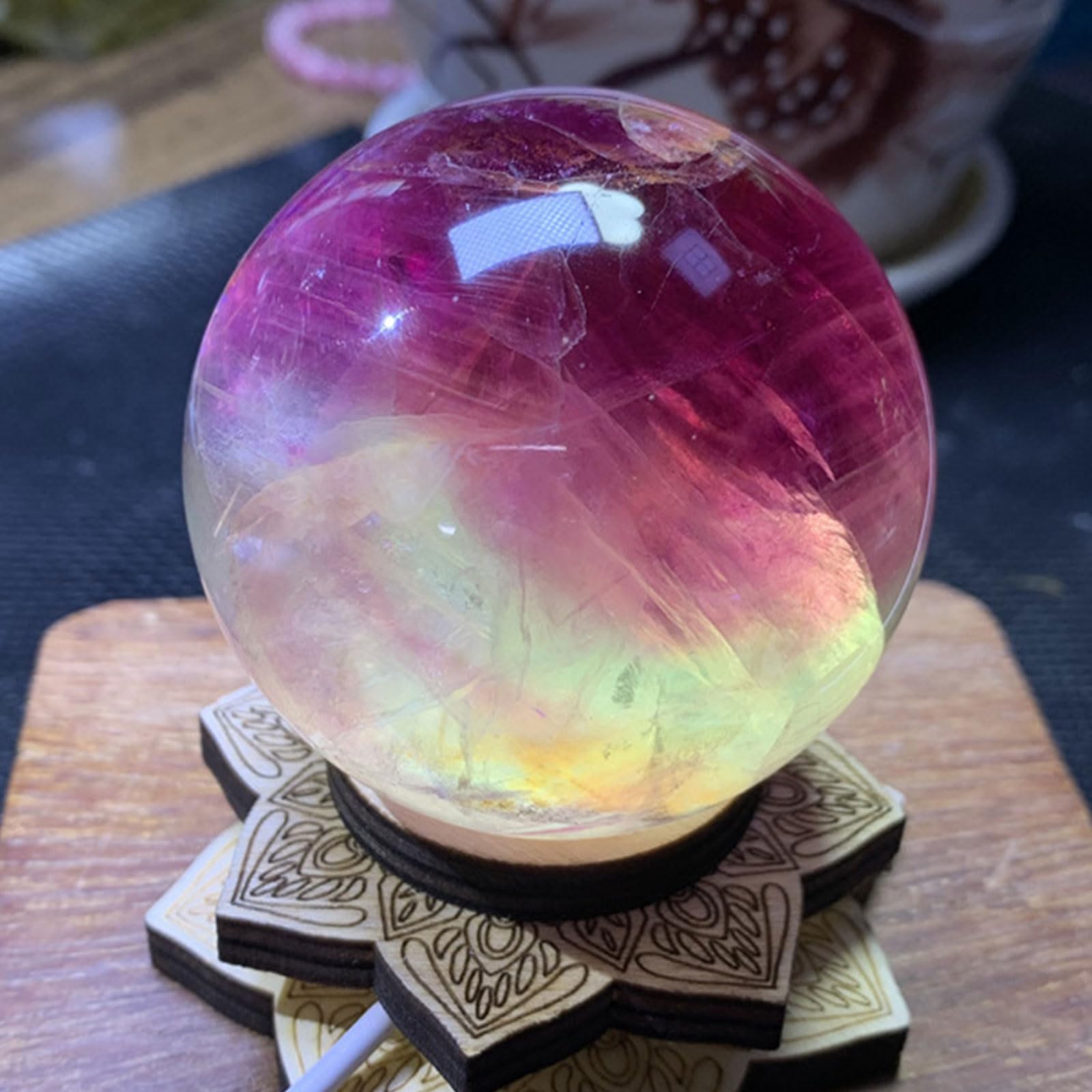 kula kryształowa, Fioletowa fluorytowa kryształowa kula ze stojakiem rzeźba medytacja czary Feng Shui wystrój domu(Diameter 2.0")