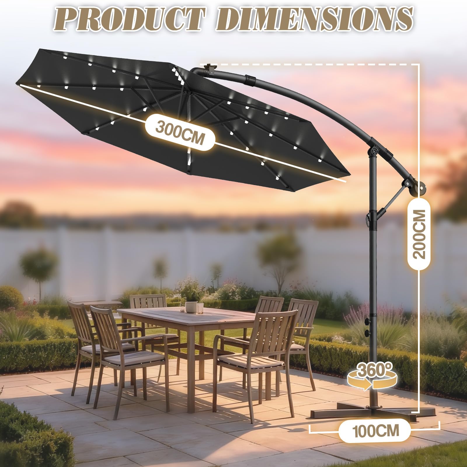 Verdego Parasol przeciwsłoneczny ze stojakiem, Ø 300 cm, parasol ogrodowy z korbą, parasol tarasowy, ochrona przed promieniowaniem UV, wiatroszczelny, wodoodporny, parasol rynkowy, obracany o 360°