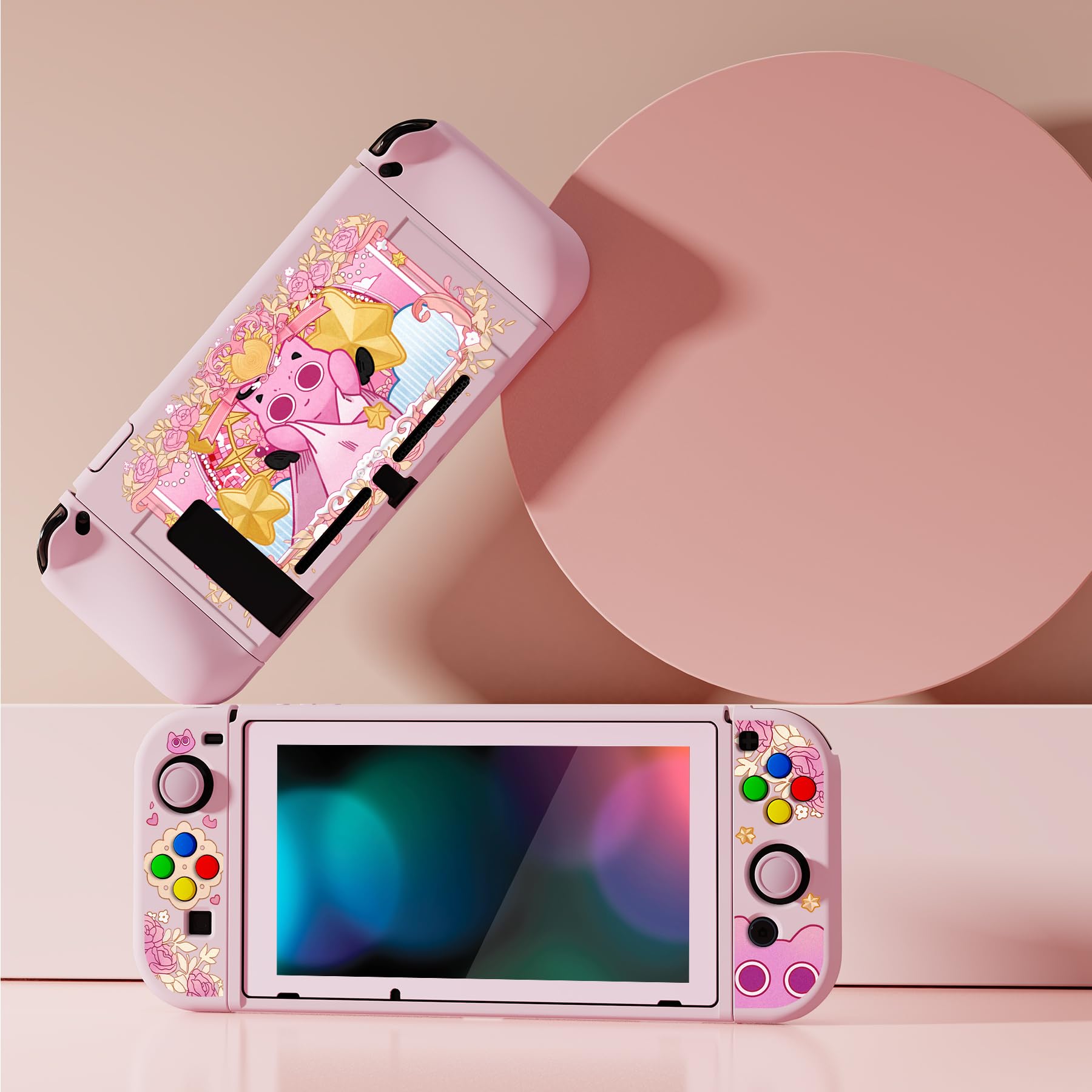 playvital Cover Custodia per Nintendo Switch,Copertura TPU Pellicola Vetro Temperato Protezione Copri Analogici Accessori per Joycon Console-ZealProtect-PP & Pink