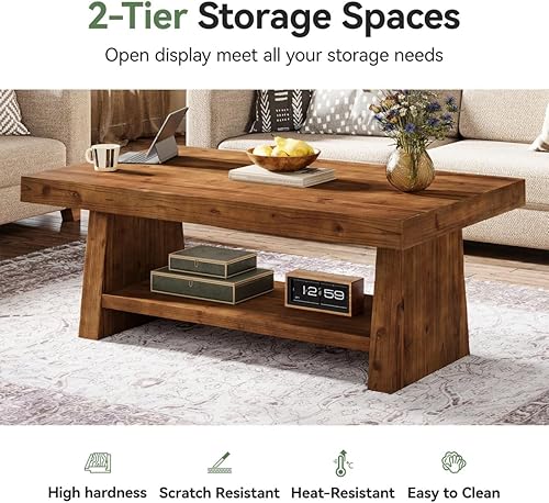 Miniatura 8 de Mesa de centro de madera maciza, mesa de centro de madera rústica de 47 pulgadas para sala de estar, mesa central rectangular de 2 niveles con