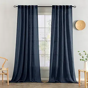 MIULEE Navy Blue Linen Curtains 90 Inch Length 2 Panels for Bedroom Living Room, Soft Thick Linen Textured Natural Window Drapes Semi Sheer Light Filtering Back Tab Rod Pocket Burlap Look Decor