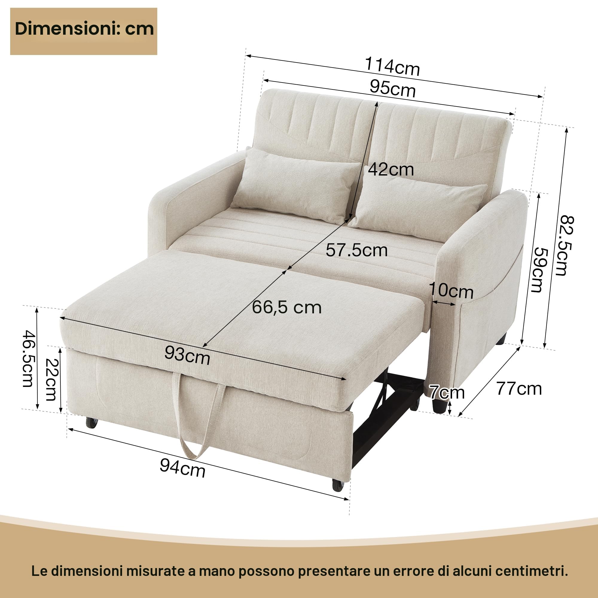 Divano a due posti con funzione letto, divano pieghevole con schienale regolabile, divano letto estraibile, divano letto con contenitore, piccoli divani per piccoli spazi, 114 x 77 cm, beige