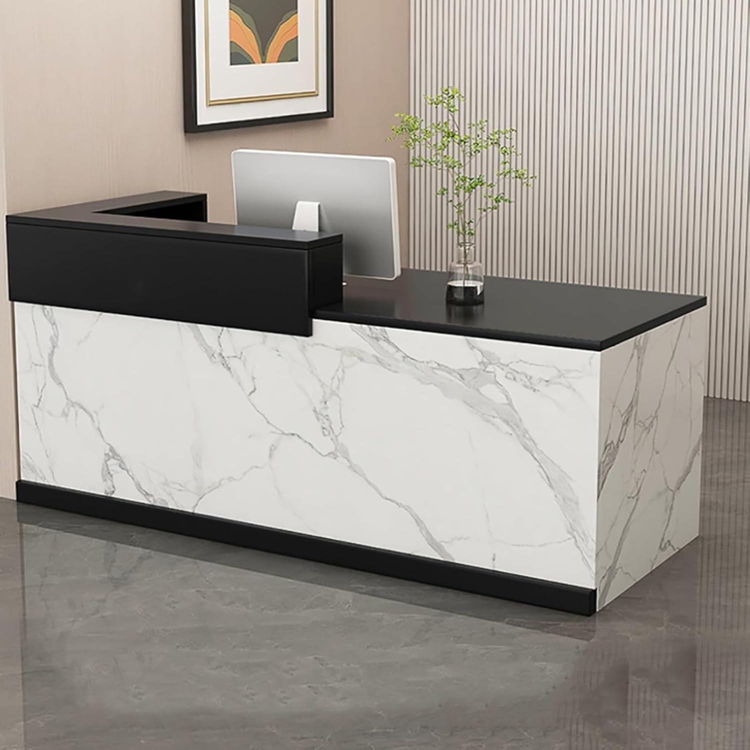 Reception Desk, Checkout Counter with Lockers, Front Desk with Lockable Drawer, Front Counter, for Office Reception Room Lobby, Beauty Salon(Black+White)