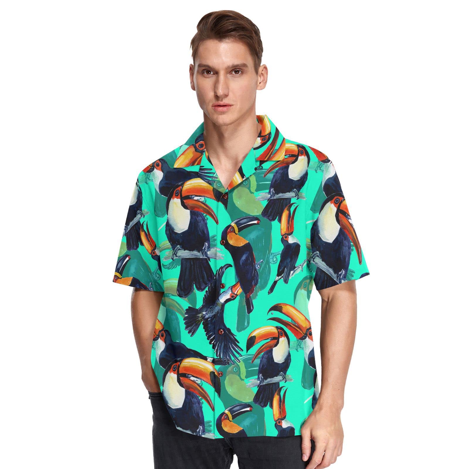 Youjuner Men's Multicoloured Short Sleeve Tropical Bird Toucan Pattern Hawaiian Shirt Short Sleeve, Button Down Casual Beach Shirts Summer Shortsleeve