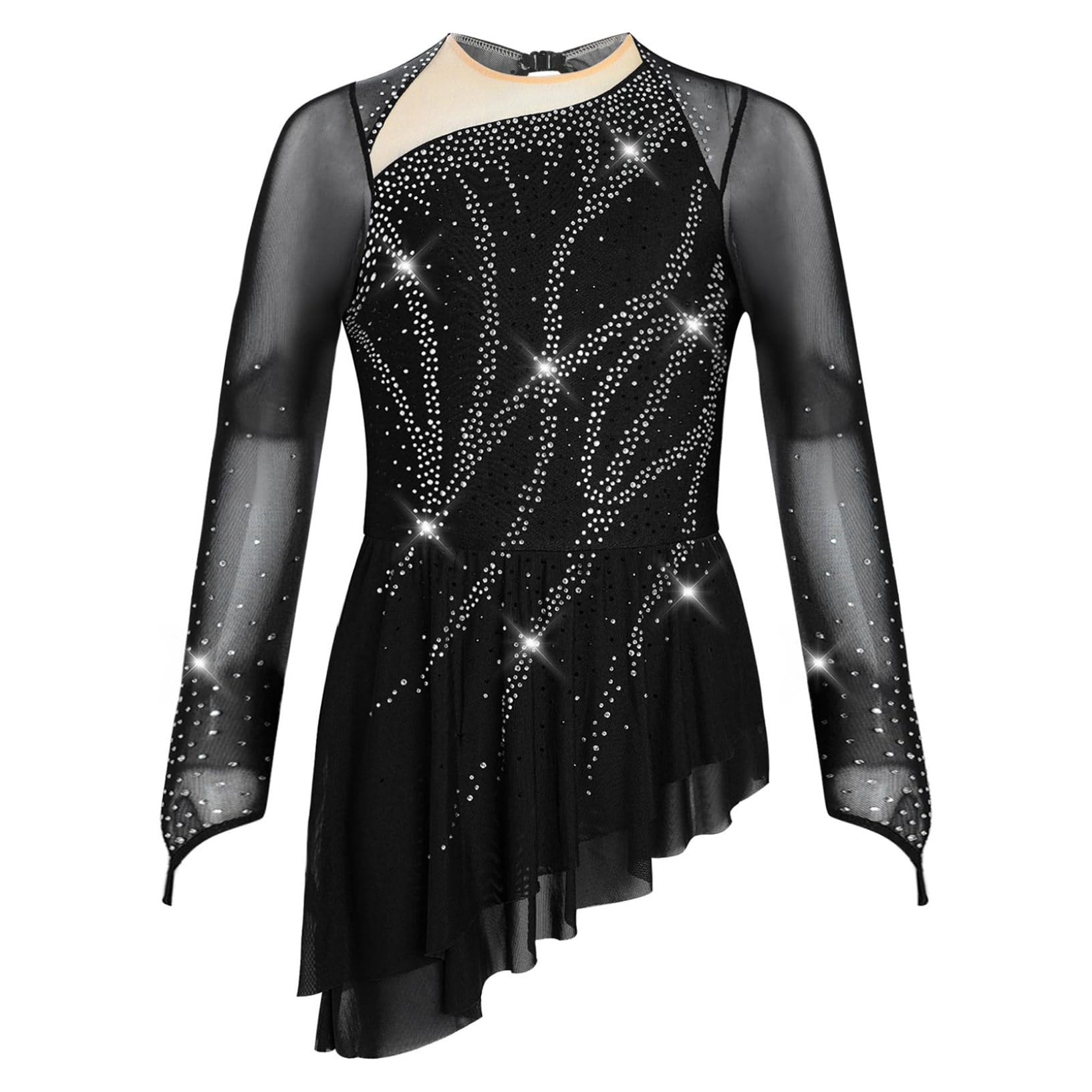 Oyolan Fille Robe Patinage Artistique Manches Longues Strass Asymétrique Danse Leotard Gymnastique