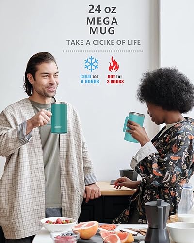 Miniatura 6 de Taza de viaje de 24 onzas con asa y tapa, aislada, taza de café de acero inoxidable, regalo de campamento para hombres y mujeres, mantiene el frío