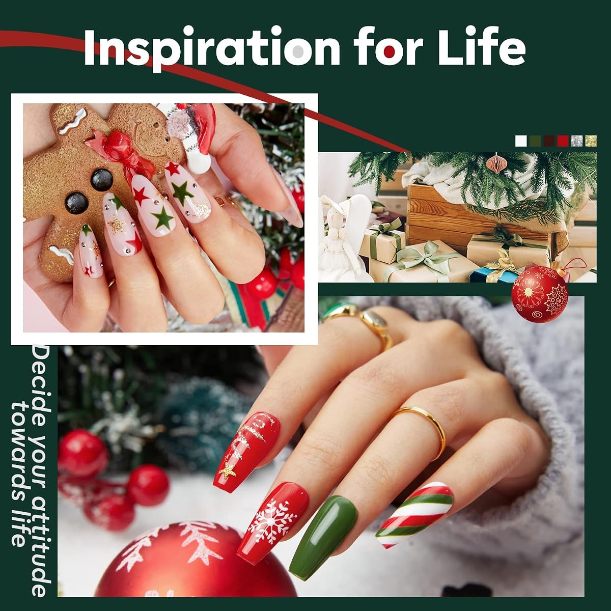 modelones 6 Color Christmas Gel Polish Nail Art Liner Set Blanco Rojo Verde Marrón Glod Plata Brillante para Puntas Francesas Uñas Remolino con Cepillo Fino Empápate Regalo de Manicura de Invierno para Mujeres