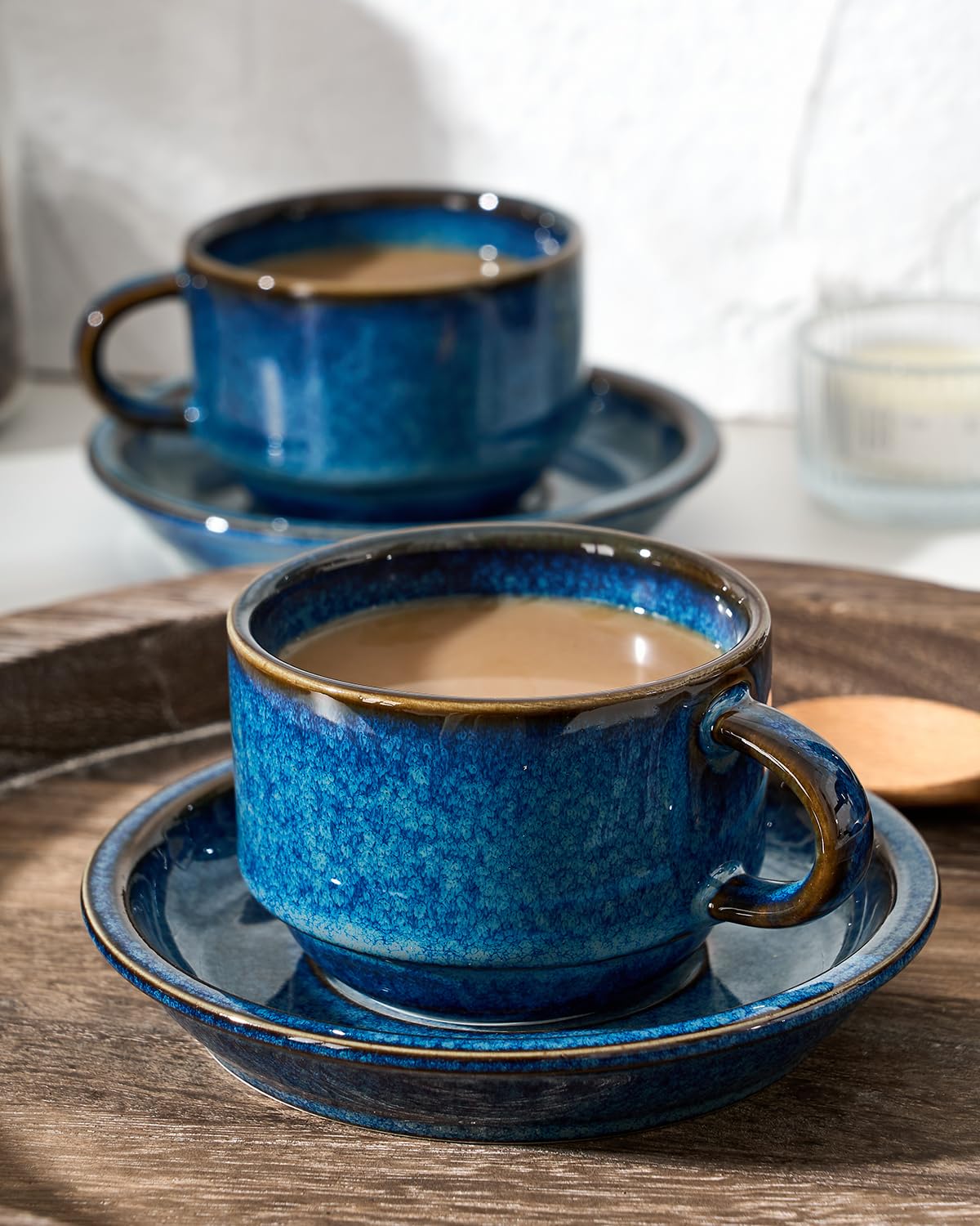 HOME DECOR Set di tazze da caffè – processo di smalto reattivo – 6 tazze da caffè da 140 ml con piattino e supporto – eleganti tazze in ceramica per espresso, cappuccino e latte – blu glassa reattiva